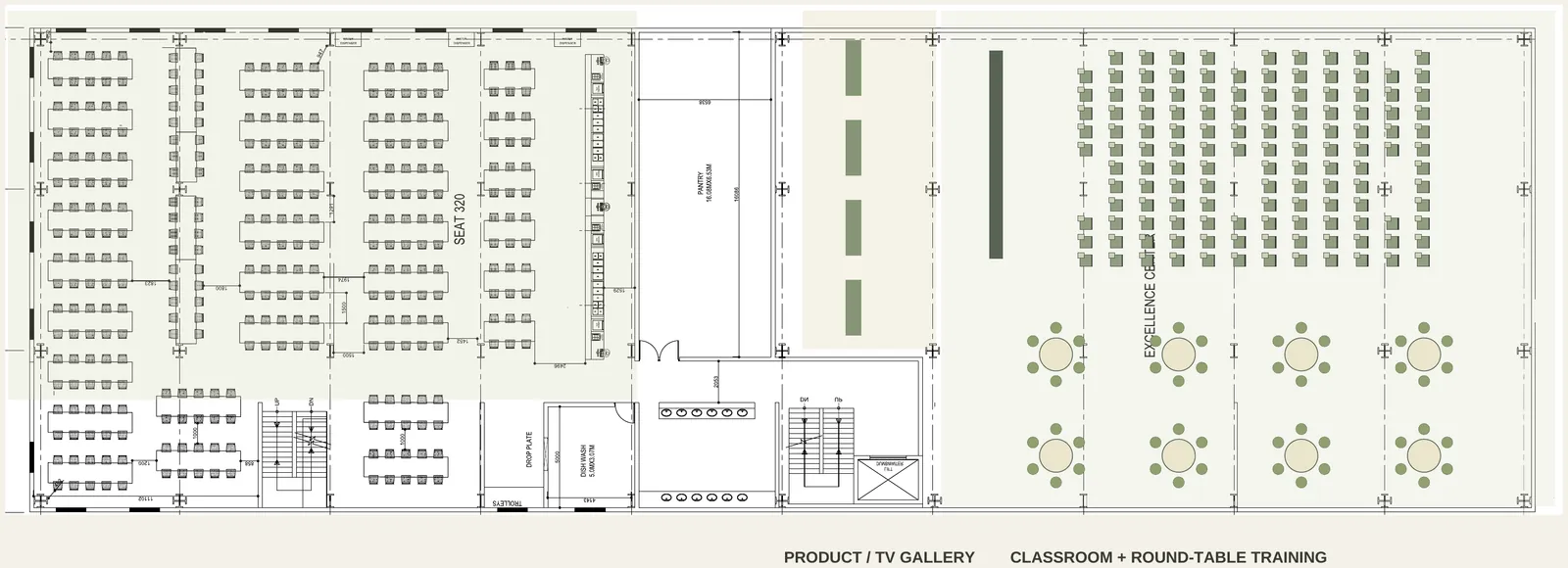 Furnished first-floor plan with a 320-seat dining hall, a pantry, a product gallery and a classroom with round training tables