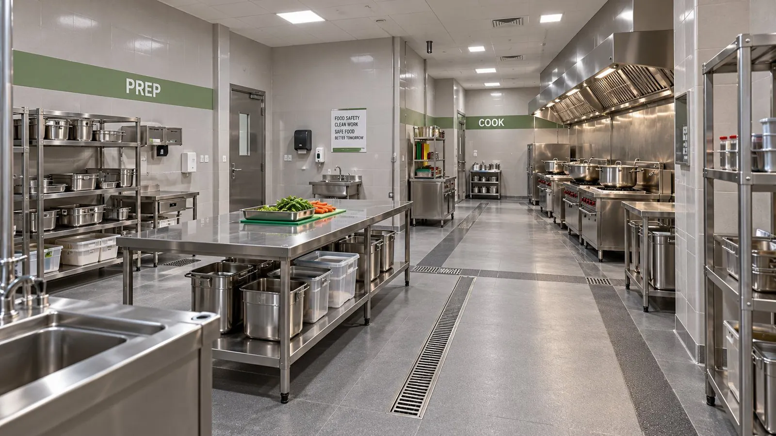 Commercial canteen kitchen with stainless-steel prep tables, racks, a cooking line under an extract hood and a floor drain