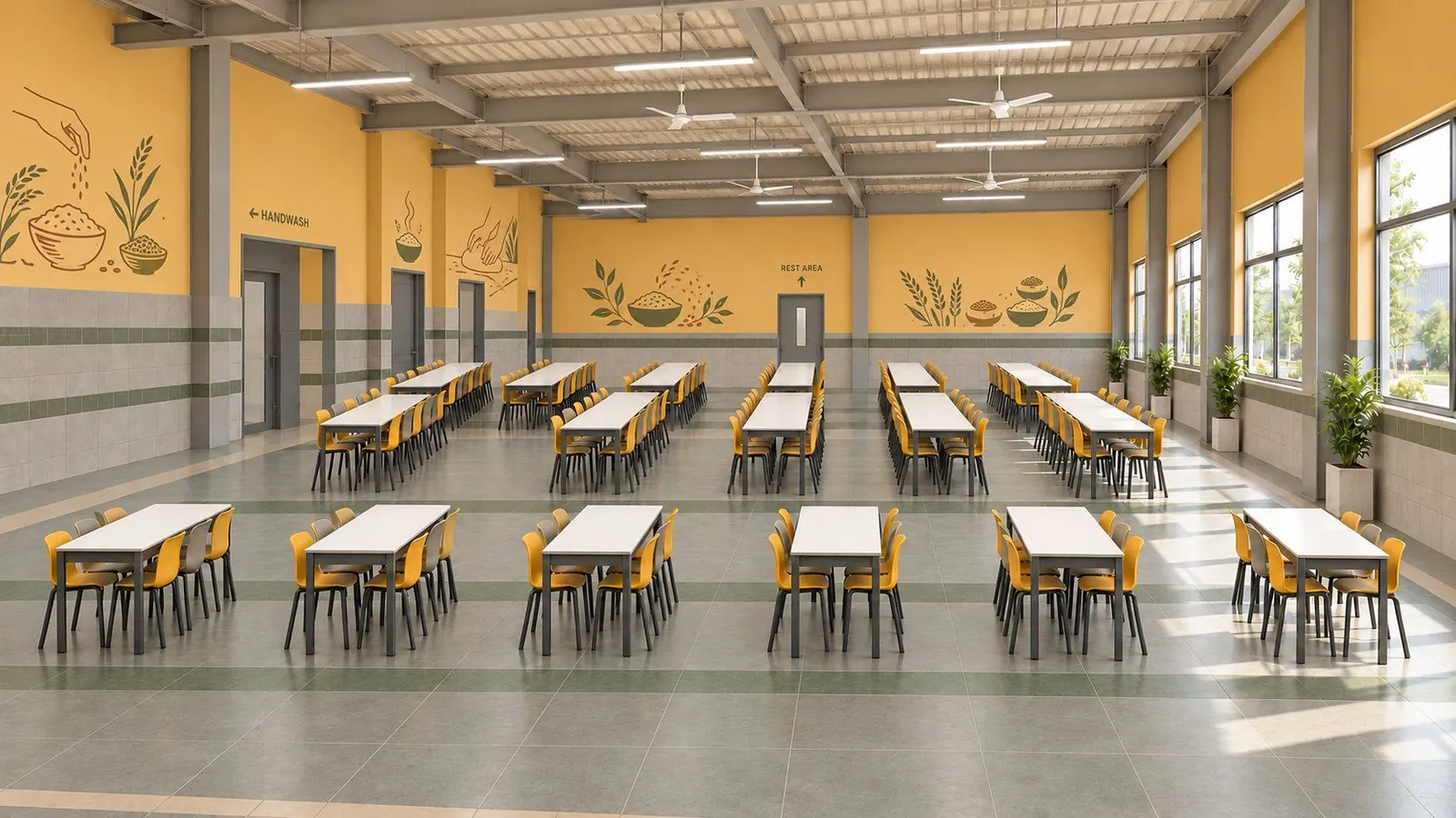 Large canteen dining hall with saffron walls, painted grain and food murals, rows of white tables and saffron chairs