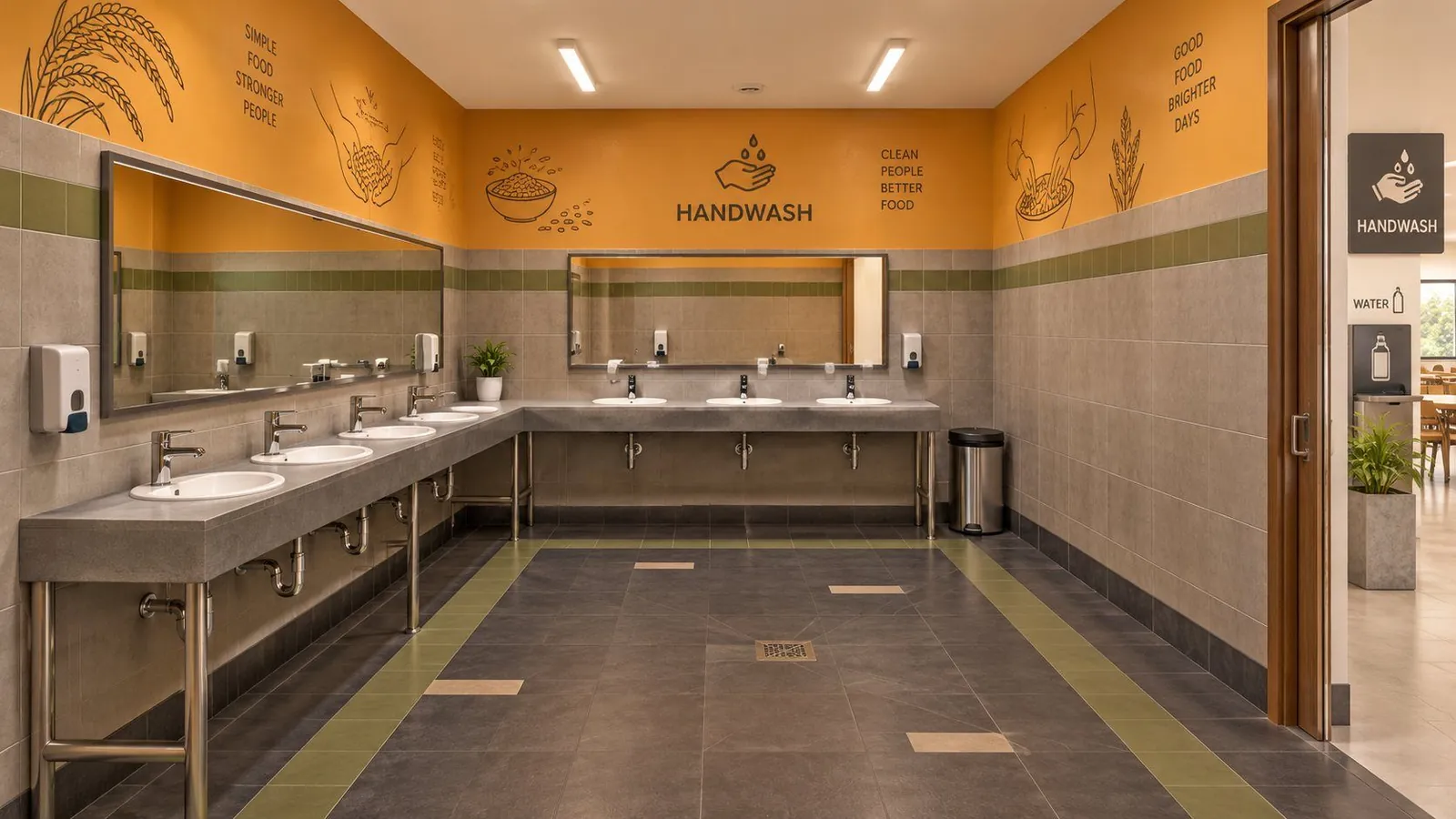 Canteen handwash room with an L-shaped run of basins, mirrors, soap dispensers and a dark matt floor with a drain