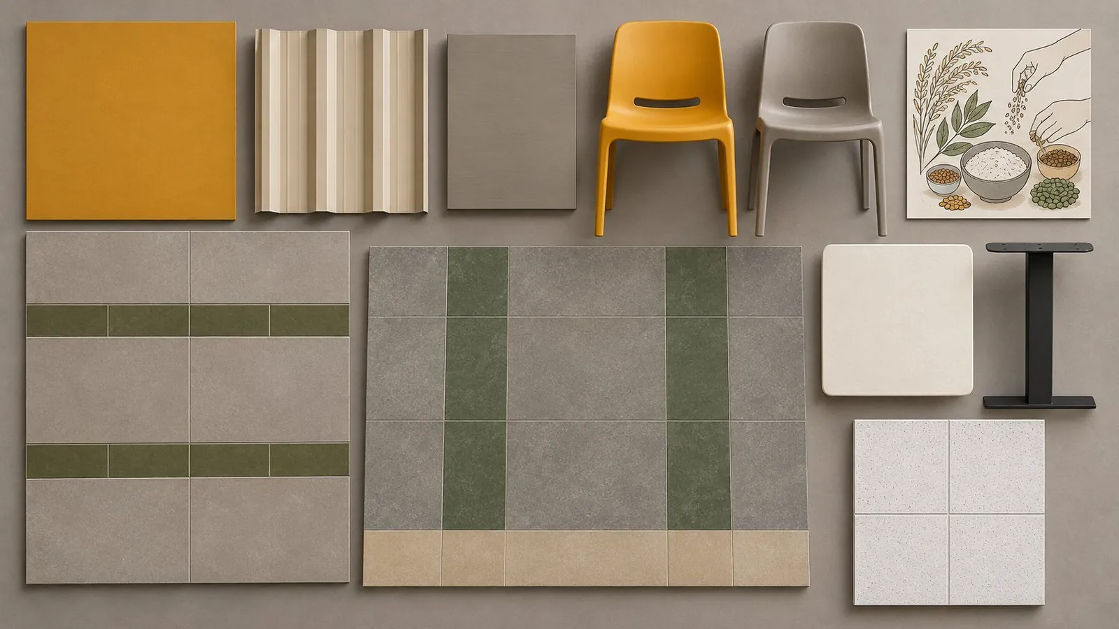 Material board with saffron paint, grey and green floor tiles, a white tabletop, a black pedestal base and saffron and grey chairs