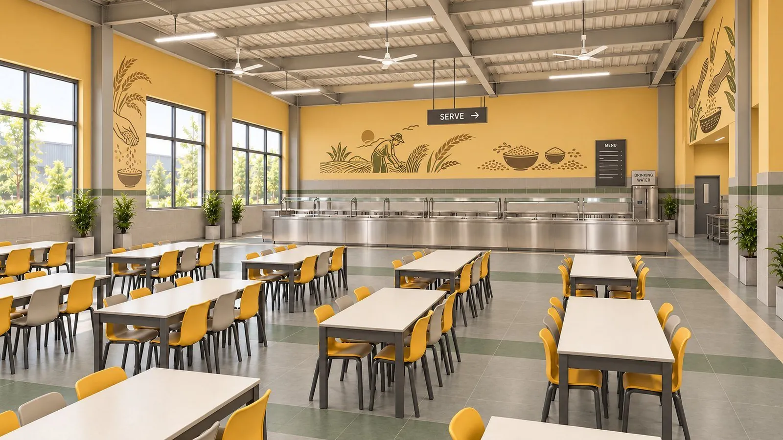 Canteen servery with a long stainless-steel counter under a hanging SERVE sign, a menu board and a drinking-water point