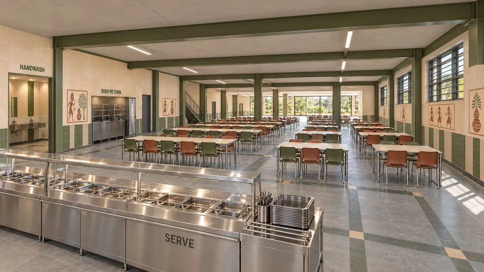Canteen hall seen over a stainless-steel servery, with sage steel beams, green and terracotta chairs and folk-art panels