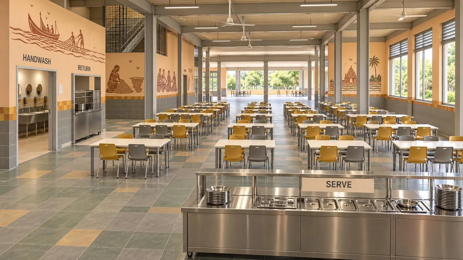 Canteen hall with peach walls, coastal murals, a servery counter in the foreground and handwash and return openings