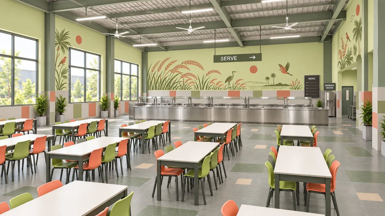 Canteen hall with pistachio walls, a wetland mural, coral and green chairs and a long servery counter