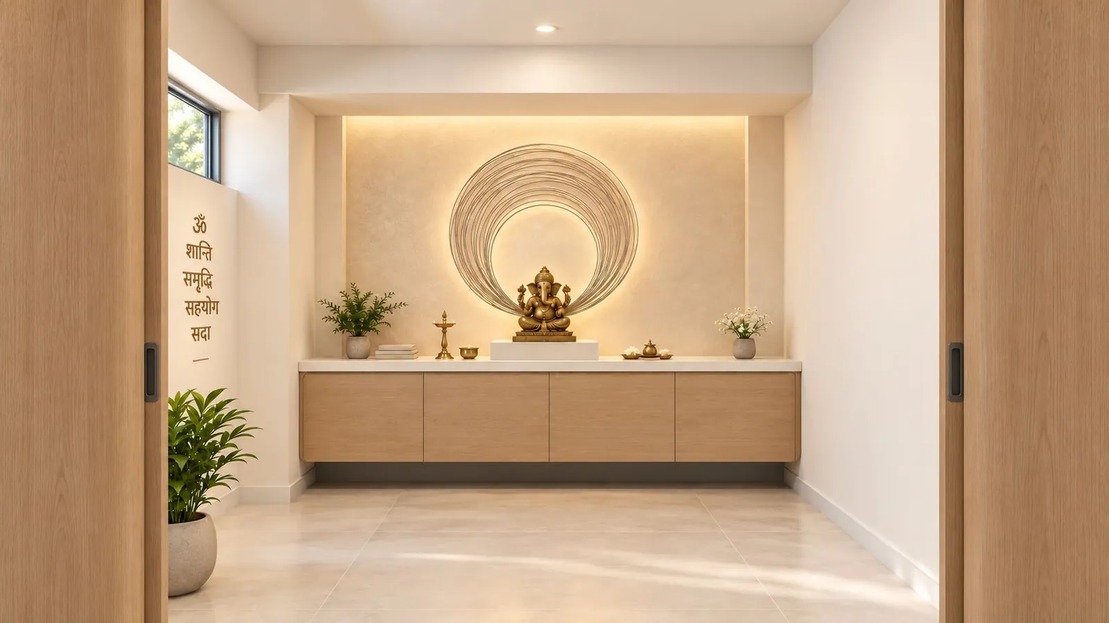 Office mandir with a brass Ganesha idol under a backlit steel-wire halo on a floating oak cabinet, behind oak sliding doors