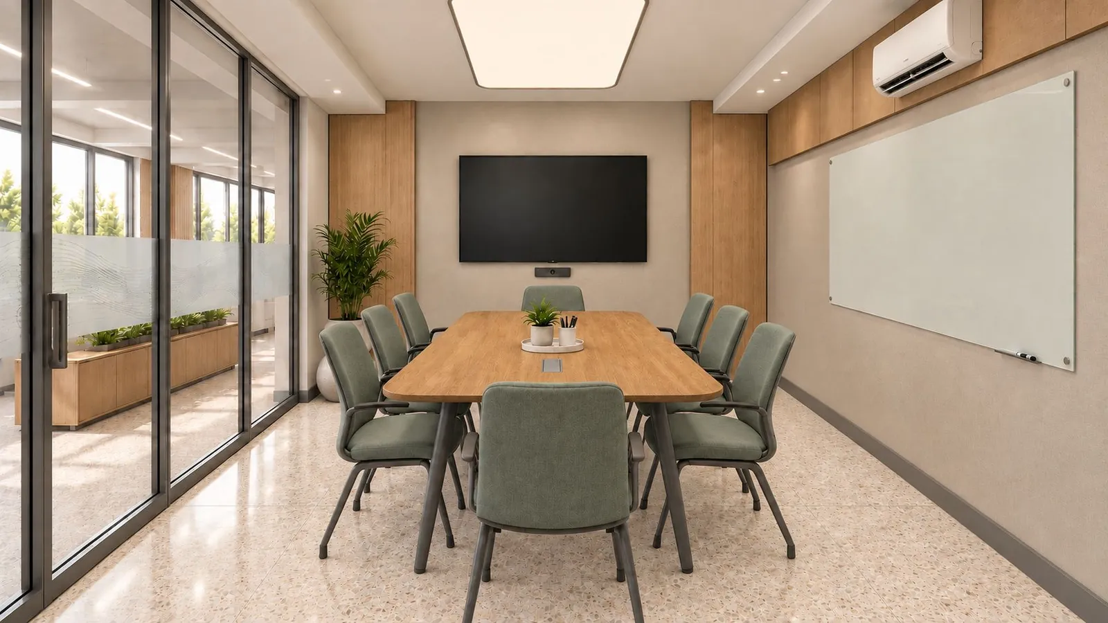 Eight-seat conference room with an oak table, sage chairs, an end-wall screen and a stretched-fabric light above