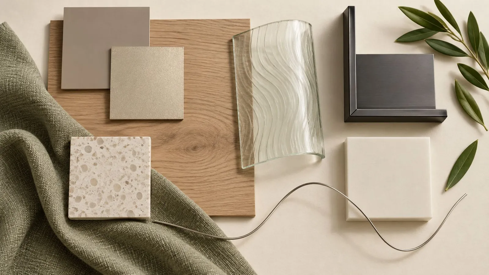 Material board with oak veneer, greige and champagne laminate, terrazzo-look tile, sage fabric, wavy glass, graphite metal and a steel wire
