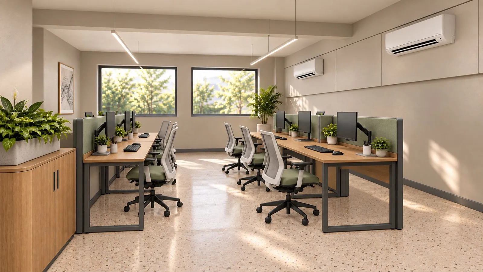 Open office with oak desks on graphite frames, sage fabric screens, planted storage and a terrazzo-look floor