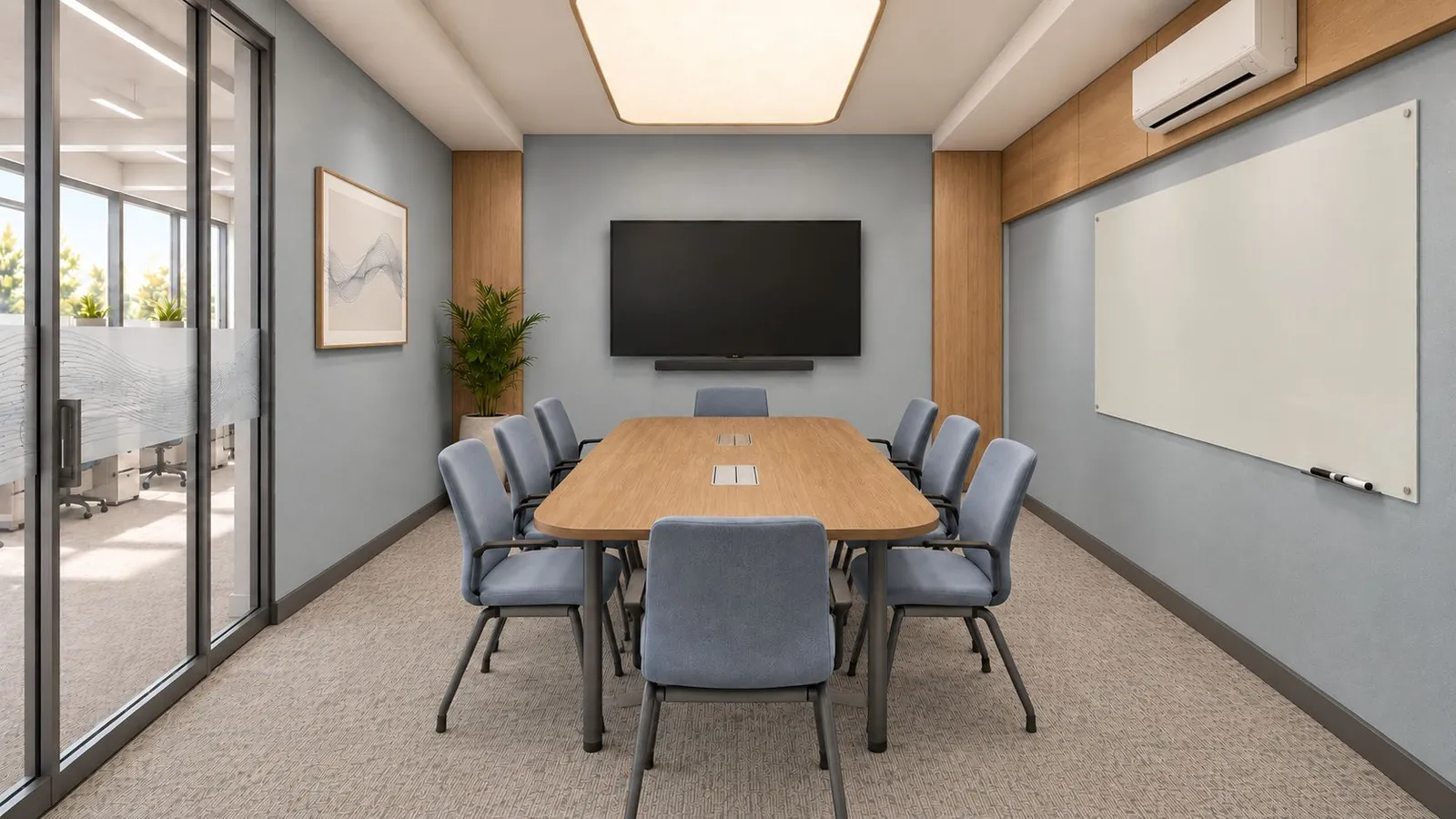 Eight-seat conference room with blue chairs on carpet, an oak table, an end-wall screen and a glass writing board