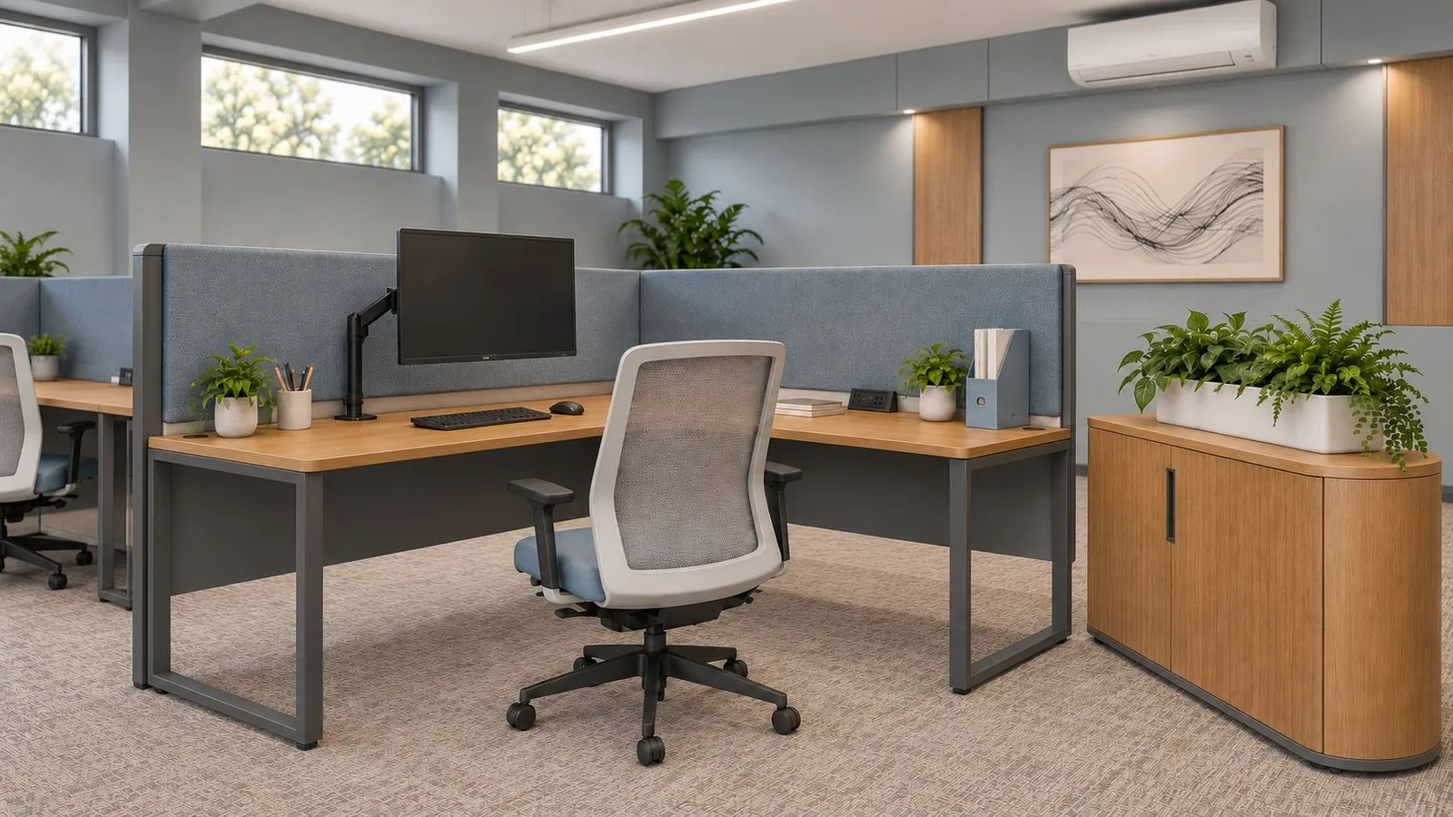 L-shaped workstation with blue fabric screens, a monitor arm and a rounded oak storage unit topped with a planter