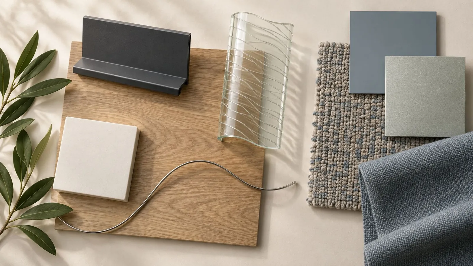 Material board with oak veneer, pearl solid surface, woven grey-blue carpet, dusty blue fabric, wavy glass and graphite metal