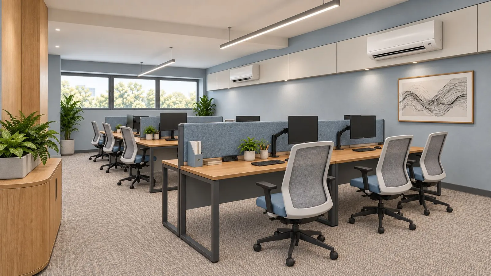 Carpeted open office with oak desks, blue fabric screens, mineral blue walls, a wire artwork and continuous boxing behind the AC units