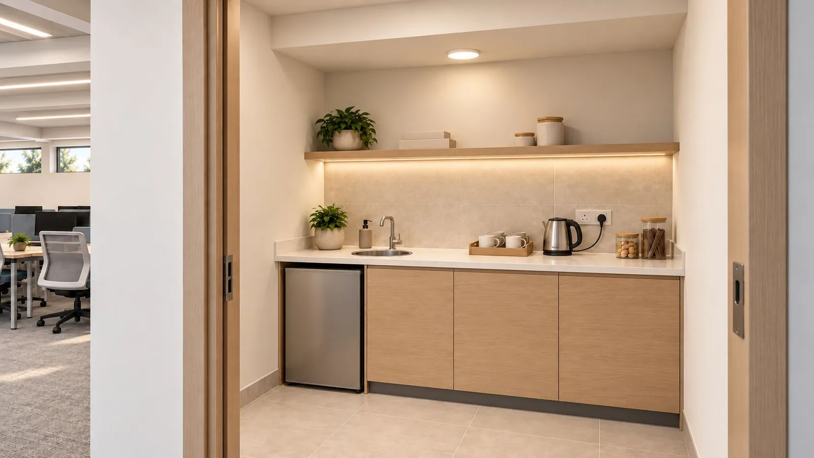 Compact office pantry with smooth oak cabinets, an under-counter fridge, a stone backsplash and a lit open shelf