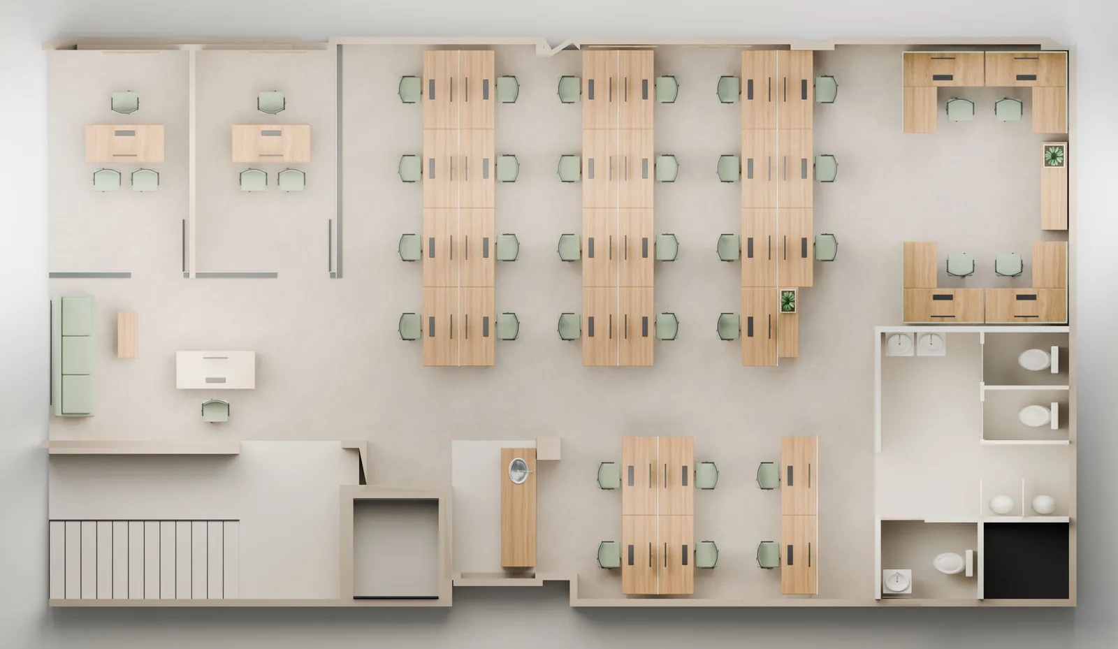 Rendered top-down plan of an office floor with two cabins at the road end, oak desk banks, L-shaped cubicles and toilets at the service end