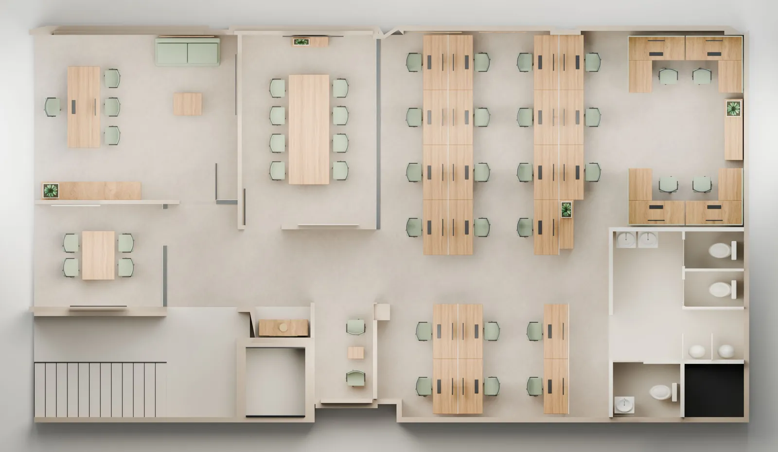 Rendered top-down plan of an office floor with an MD room, an eight-seat conference room, a meeting room, desk banks and L-shaped cubicles