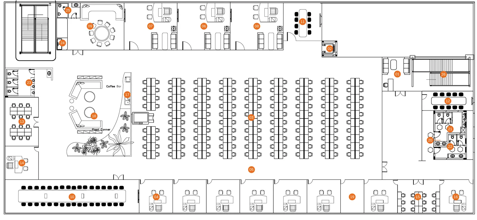 Office floor plan with nine rows of bench desks in the centre, cabins along both long sides, a lounge suite, a conference room and washrooms