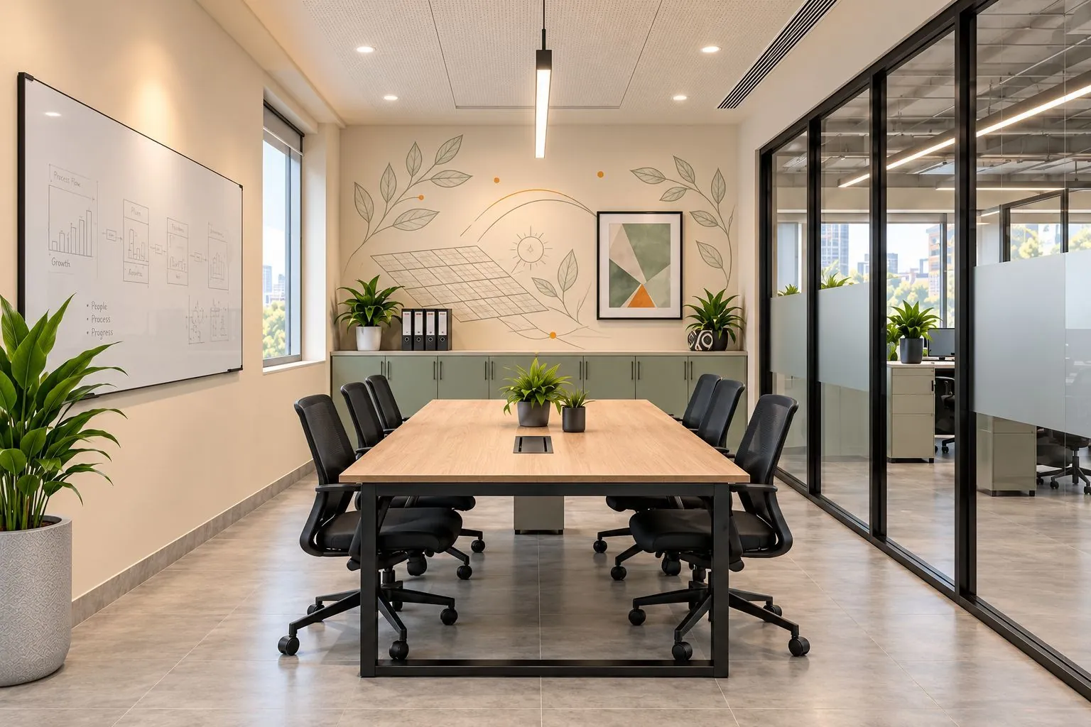 Accounts and purchase room with an oak table for six, black task chairs, a large whiteboard and line-art leaves on the wall