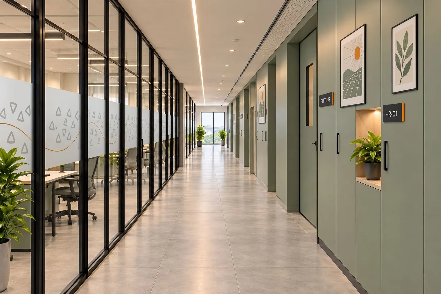 Long office corridor with glass partitions and frosted bands on one side and sage cabin doors with artwork on the other