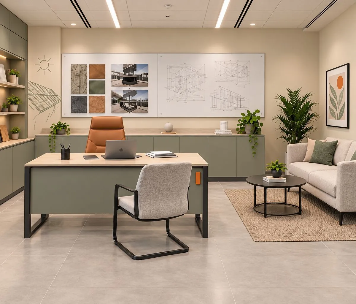 Design team cabin with a sage desk, a tan chair, pin-up boards with drawings, a material library shelf and a sofa