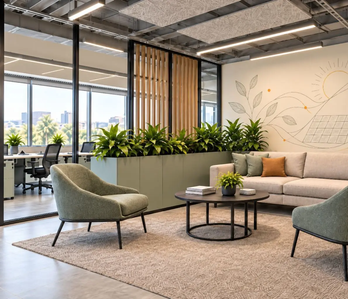 Informal lounge with a beige sofa, sage armchairs, a round coffee table and a planter screen with oak slats