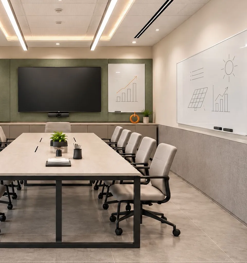Conference room with a long pale table, beige chairs, a screen on a sage acoustic panel and a wall-length whiteboard