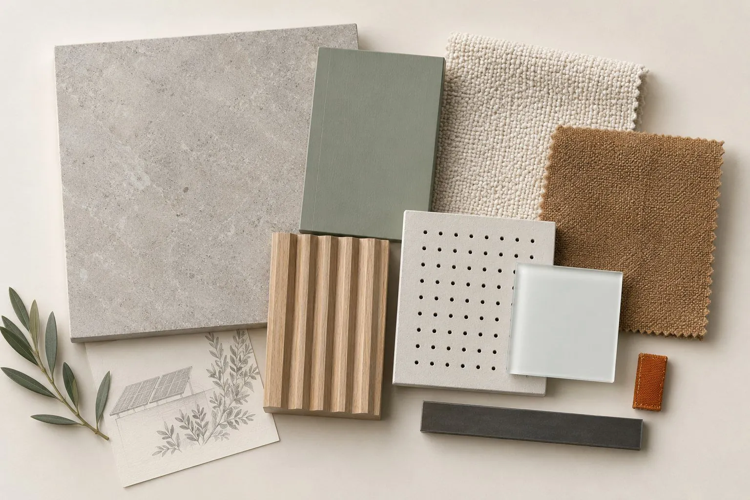 Material board with grey stone tile, sage laminate, oatmeal and camel fabrics, oak fluted panel, perforated acoustic tile and white glass