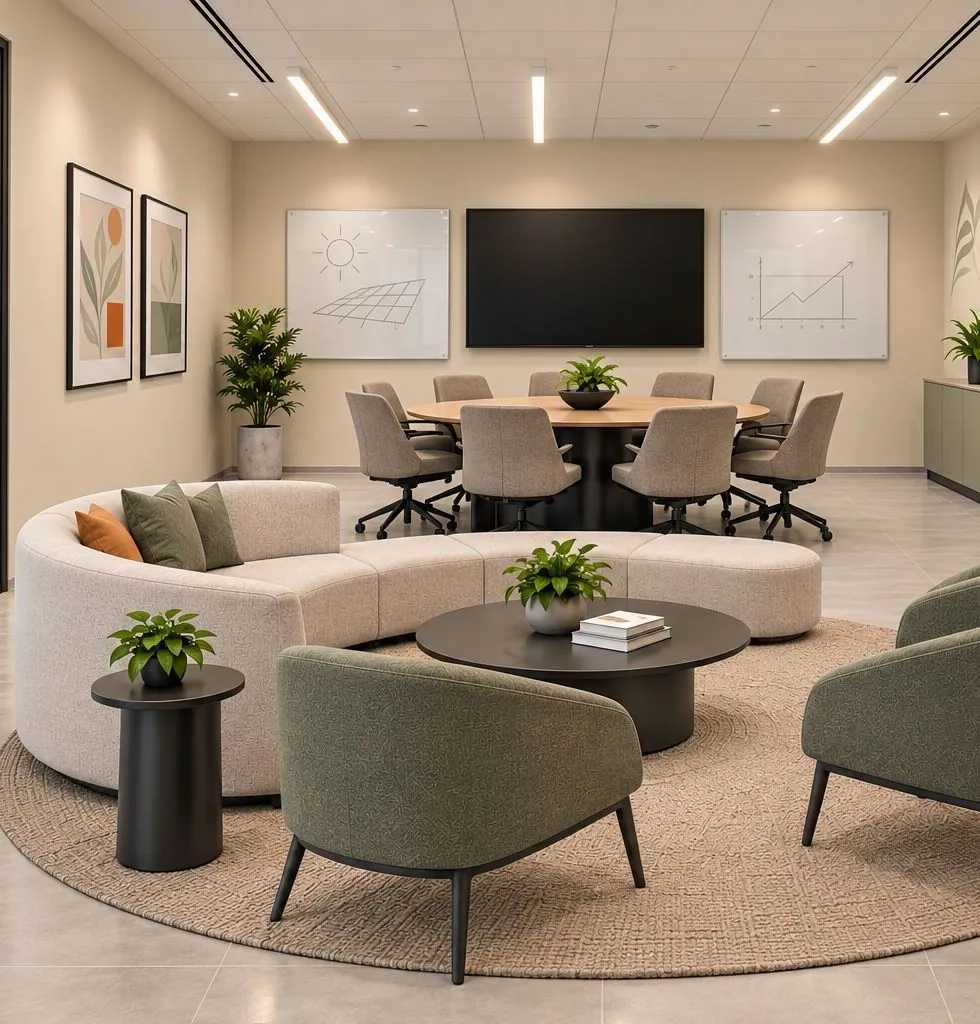 Meeting lounge with a curved cream sofa, sage armchairs on a round rug and a round meeting table with a screen behind