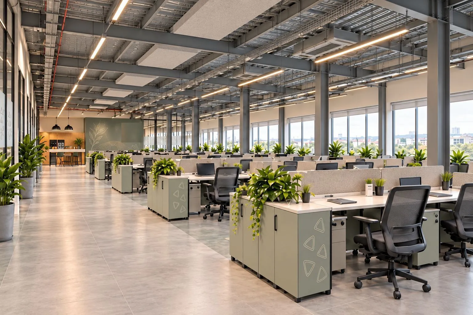 Open-plan office under an exposed steel roof, with long bench desks, sage pedestals with planters and full-height windows