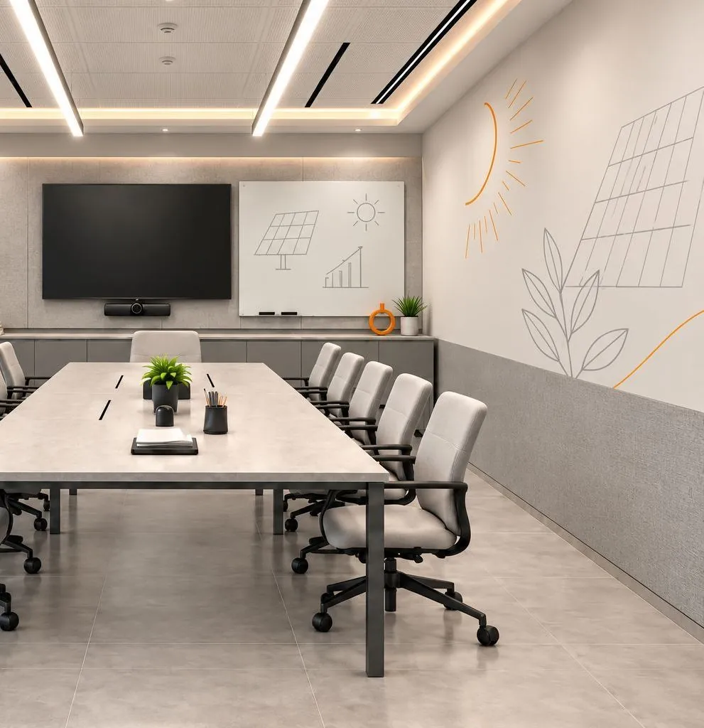 Conference room with grey walls, a screen, a whiteboard and beige chairs around a long table, with an orange sun drawn on the side wall