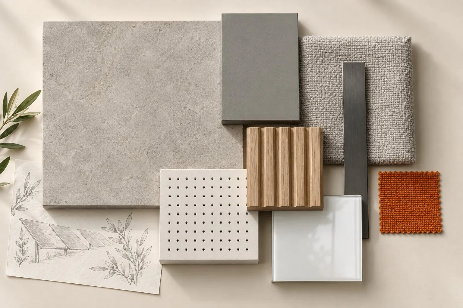 Material board with pale stone tile, mid-grey laminate, grey bouclé, oak slats, perforated tile and an orange fabric