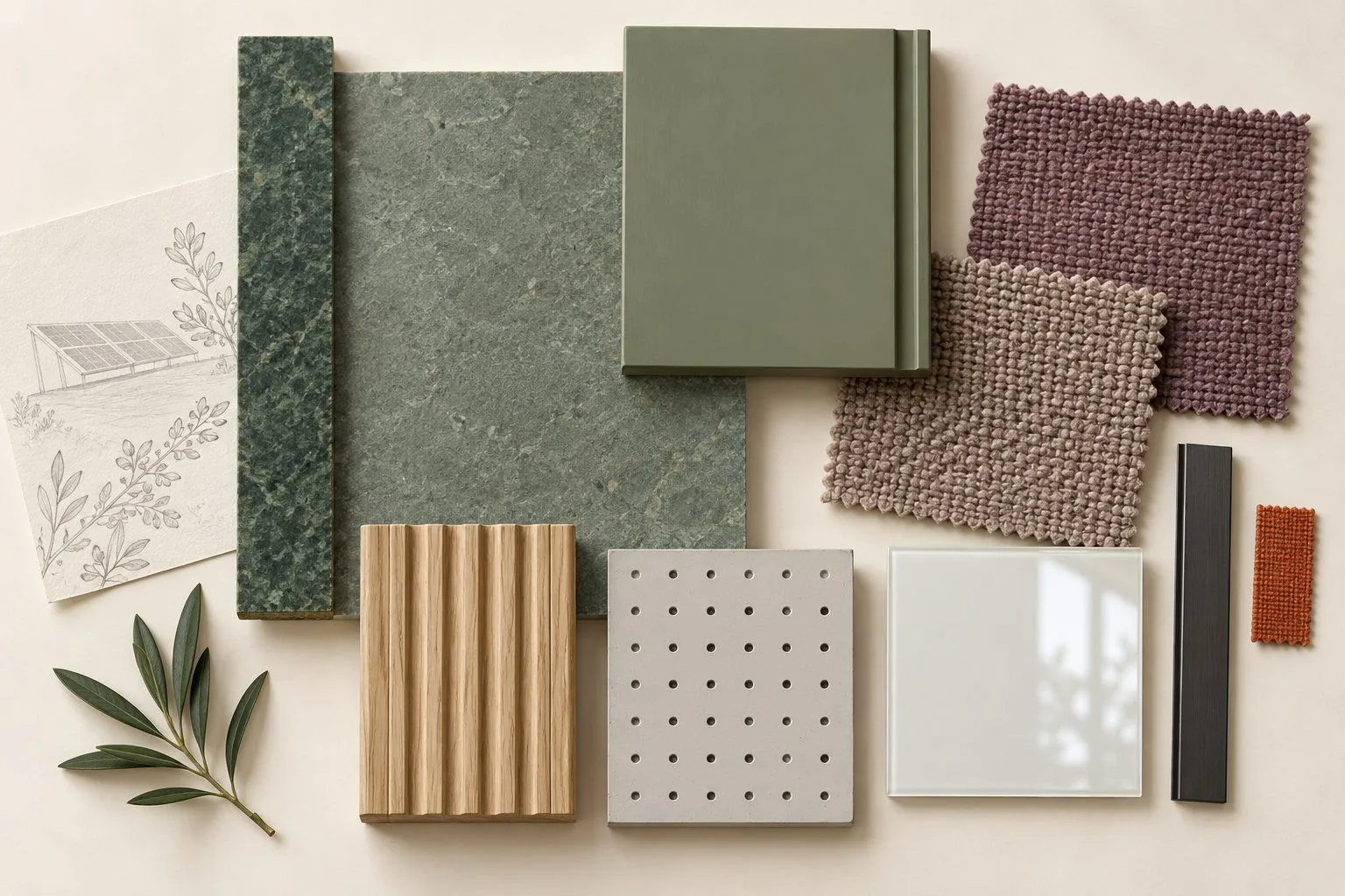 Material board with green marble, sage laminate, mauve and plum fabrics, oak slats, perforated tile and white glass