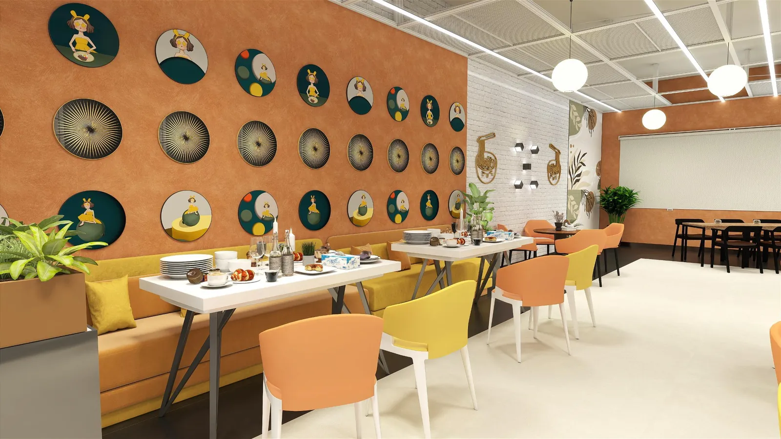Cafeteria wall of decorative ceramic plates above banquette seating