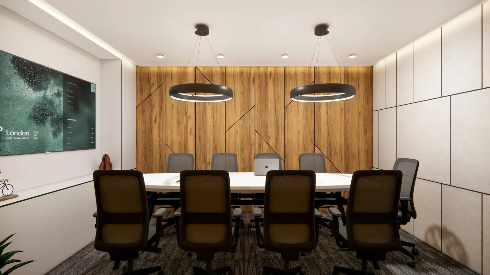 Board room from the screen end with pendant lights over a ten-seat table
