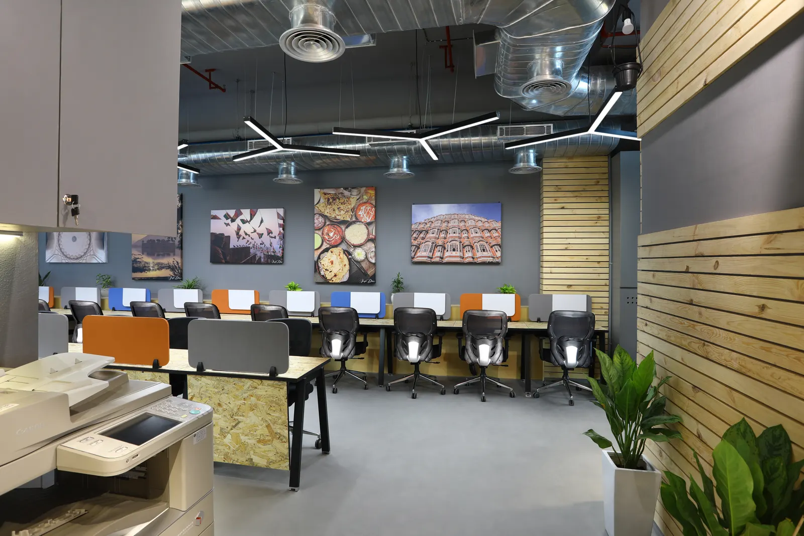 EDF International work area with timber slatted wall panel, printer station and indoor plants