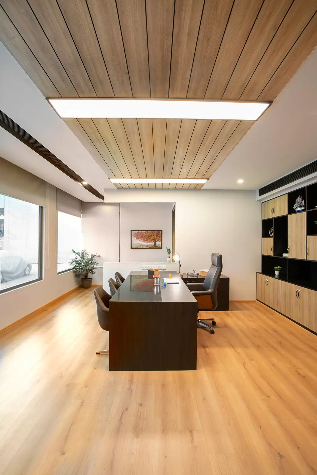 Imperial Malts director's cabin desk under the slatted timber-finish ceiling feature