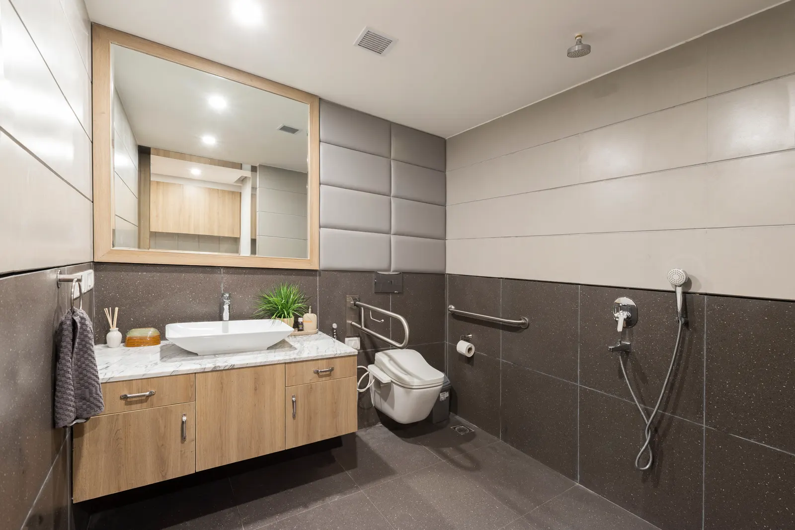 Imperial Malts washroom with a wall-hung WC, grab bars and a timber vanity