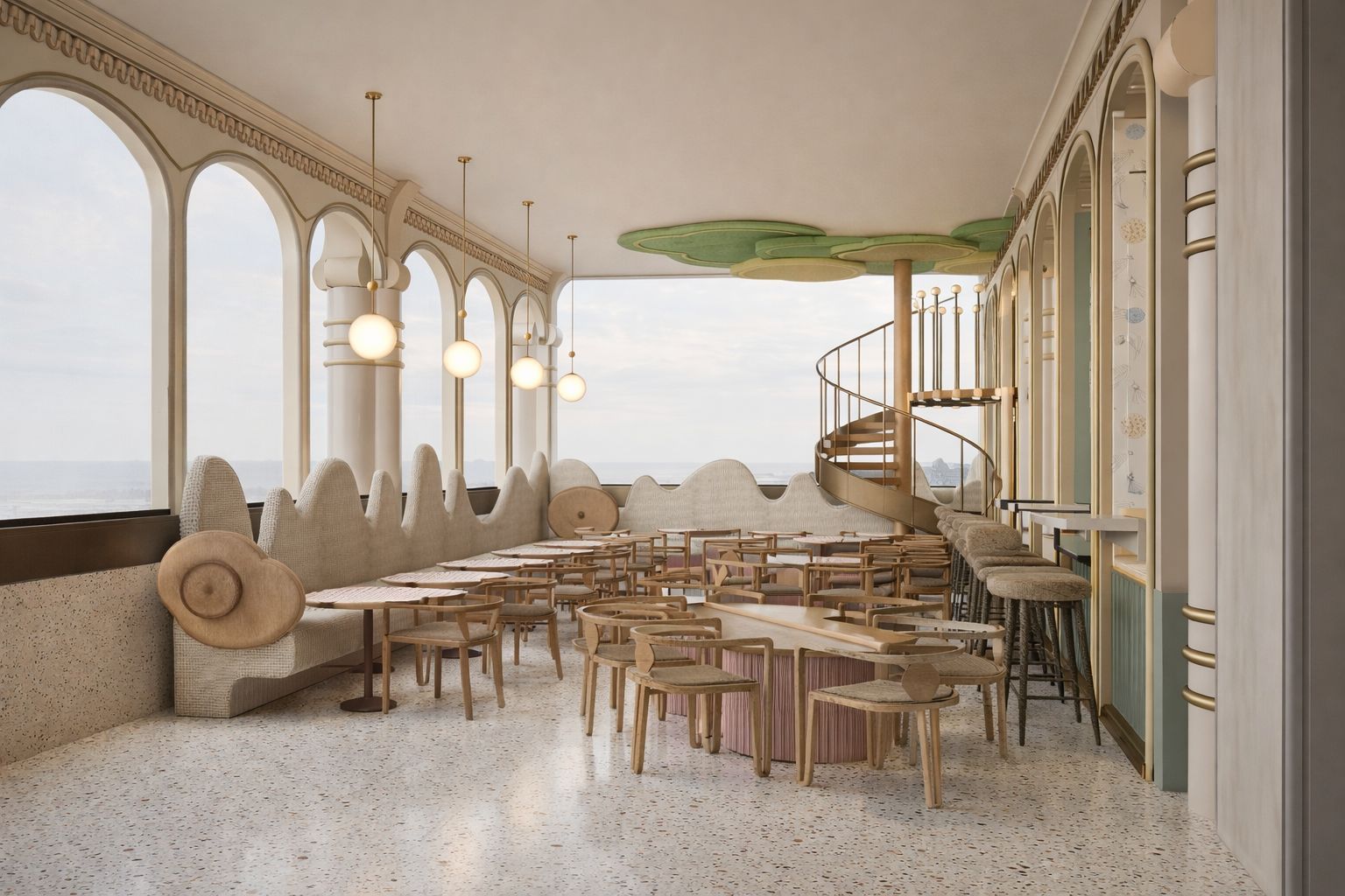 Kokko Town café terrace with arched colonnade, terrazzo flooring and pendant lighting