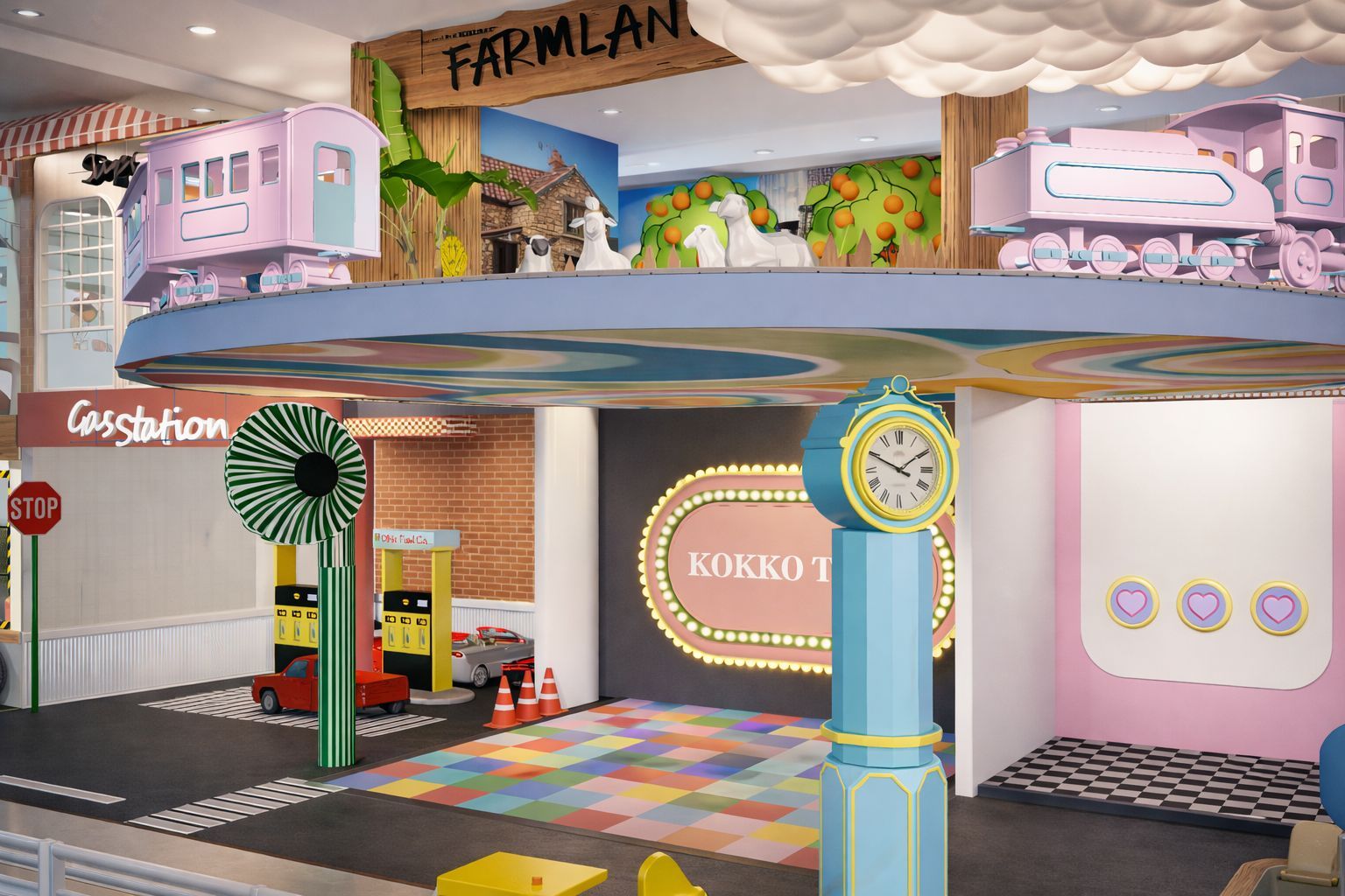Farmland mezzanine train balcony above the backlit Kokko Town marquee sign and checkered floor