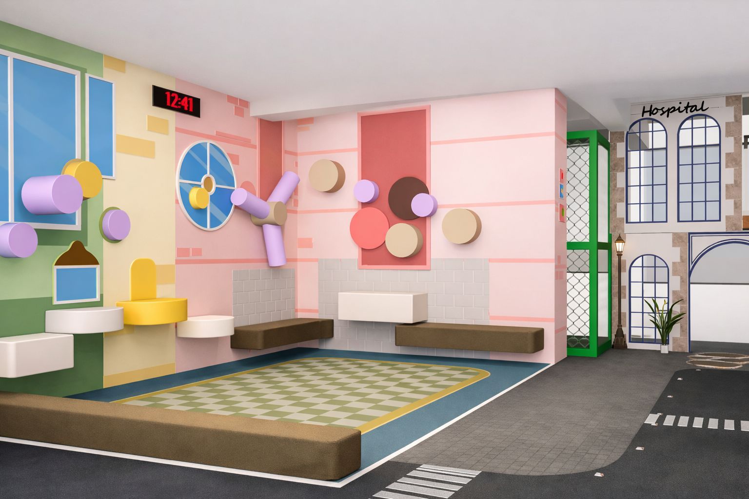Interactive sensory play wall with spinning elements and textured panels at Kokko Town
