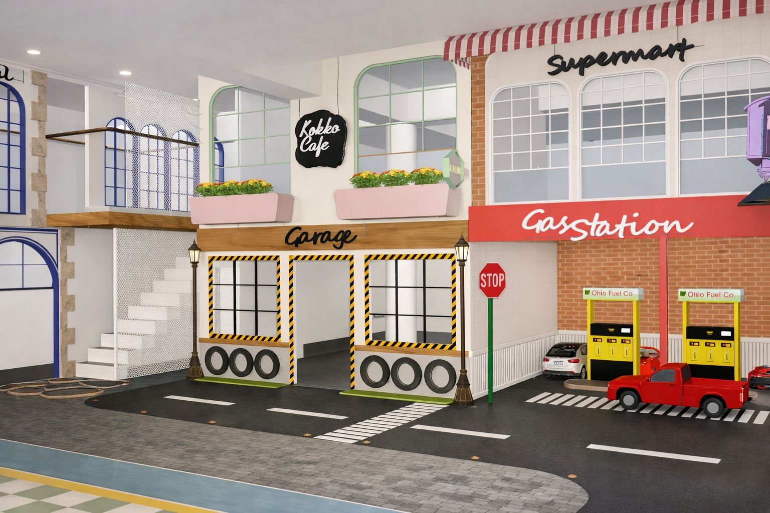 Kokko Town pretend-play street with Kokko Cafe, Garage, Supermart and Gas Station facades