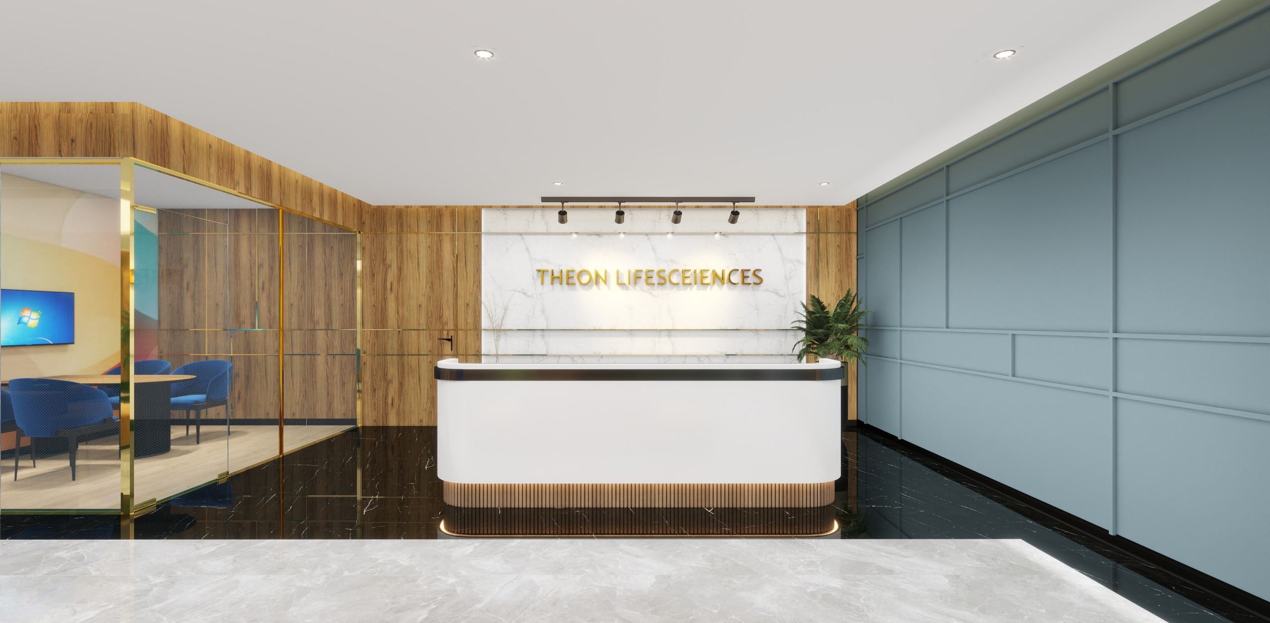 Theon Life Sciences modern pharmaceutical office reception with double-height ceiling and contemporary lounge seating in DeraBassi, Chandigarh