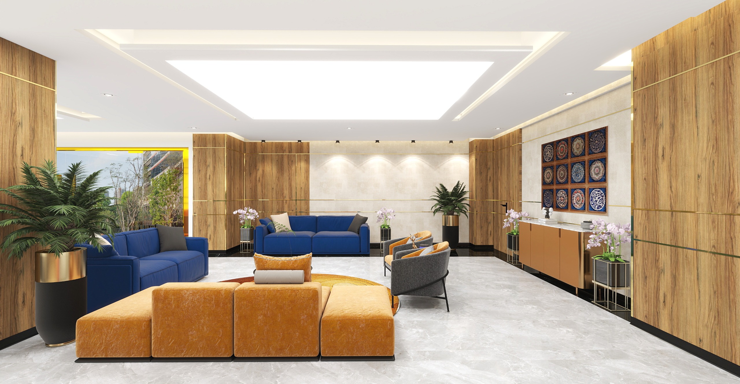 Contemporary lounge seating area at Theon Life Sciences office